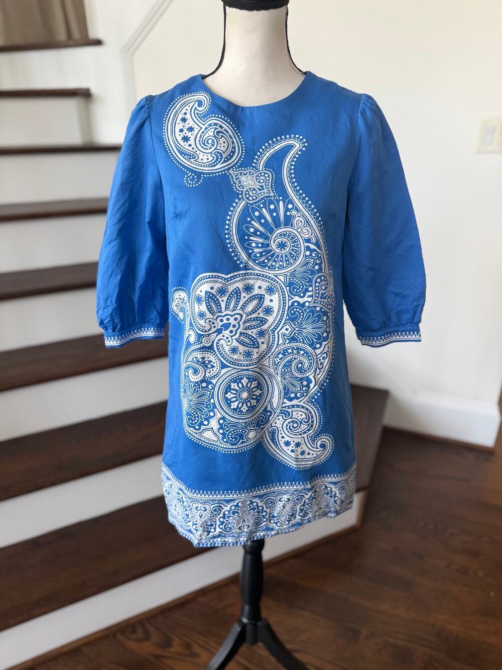 Tibi Blue & White Paisley Boho Long Sleeve Shift Mini Dress